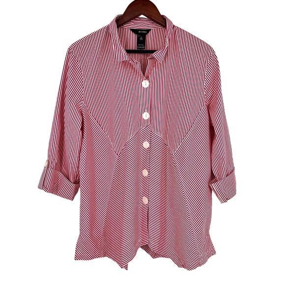 Ali Miles Sz Large Red White Wearable Art Formal Christmas Blouse Shirt Top - Picture 1 of 8